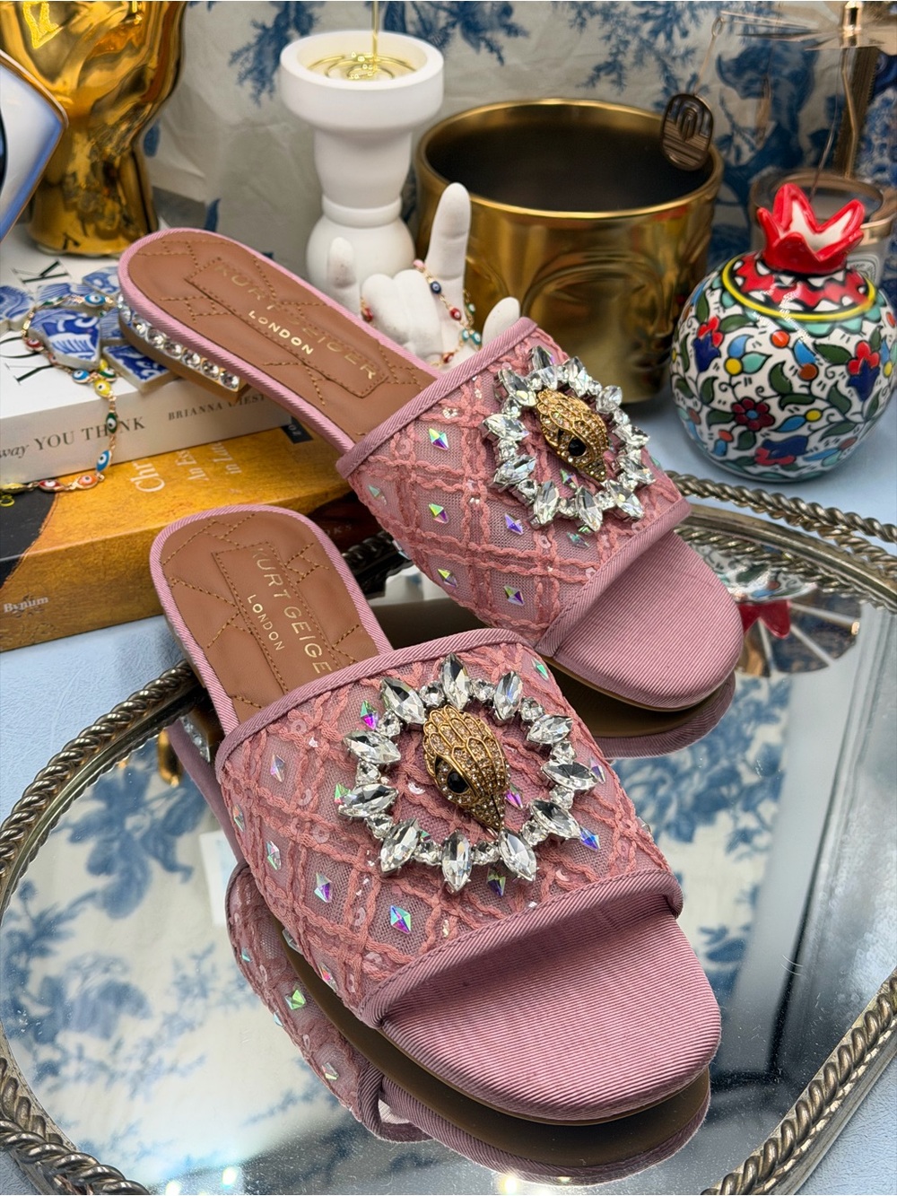 🆕 KURT GEIGER LONDON 🧿 NWOB Chelsea Flat Sandal, Pink Mesh Crystal, Sz 37 US 7 - Picture 8 of 14